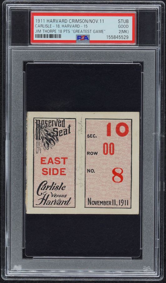 1911 Jim Thorpe Carlisle v Harvard ticket stub PSA 2 (MK), sold for $9,936