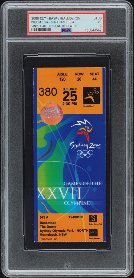 Vince Carter Dunk of Death ticket stub, Sydney 2000, PSA 3, the most-bid lot in the Front Row Auctions results