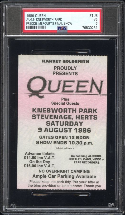 1986 Queen Final Concert with Freddie Mercury Ticket Stub – Knebworth Park – PSA 3 (Pop Four only Three Higher)