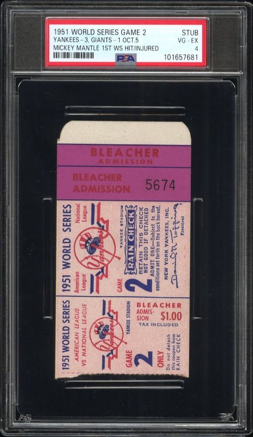 1951 Mickey Mantle First World Series Hit & Famous Injury Ticket Stub – Game 2 – PSA 4 (Pop Five, Only One Graded Higher)