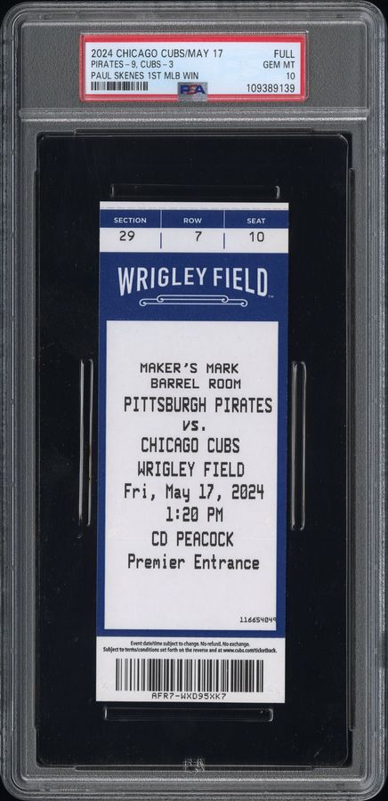 Scarce! Paul Skenes First MLB Win, PSA 10 Gem Mint- Full Ticket – 11 Strikeouts at Wrigley Field