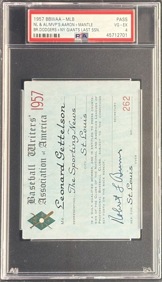 1957 BBWAA Press Pass / Ticket – Mantle & Aaron MVP Seasons – Dodgers & Giants Final New York Season – PSA 4