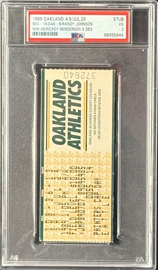 1989 Rickey Henderson Career-High 5 Stolen Bases Ticket Stub + Randy Johnson Win #8 – PSA 3 (Highest Graded, Pop Two!)