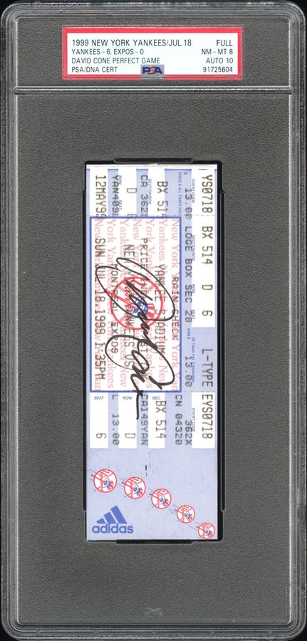 David Cone Perfect Game Signed Full Ticket, PSA 8, Auto Mint 10 (PSA Pop Four, One Graded Higher)– New York Yankees