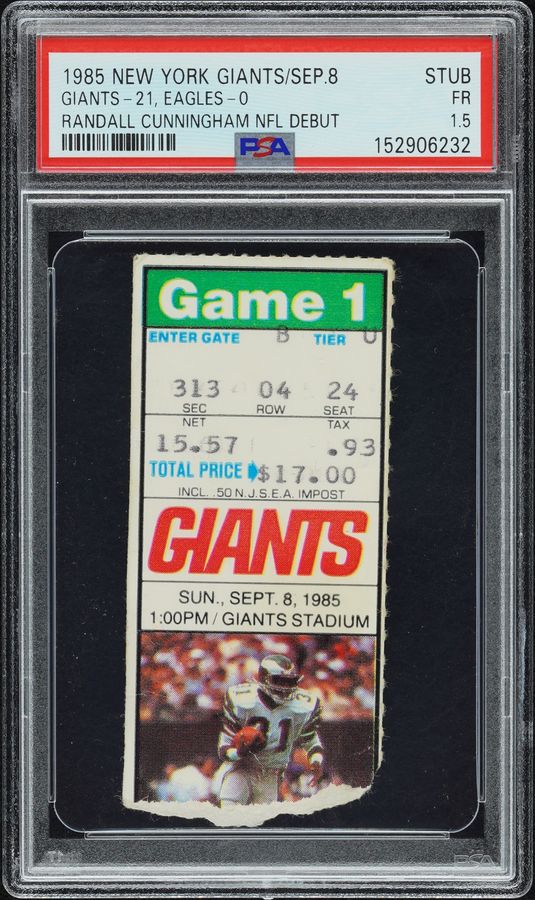 1985 Randall Cunningham NFL Debut Ticket – PSA 1.5 – Eagles vs. Giants
