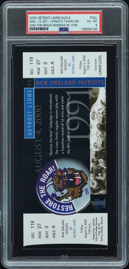 Full Ticket to Tom Brady Bowman Rookie Card Photo Taken – 2000 Tom Brady Preseason Game, PSA 6