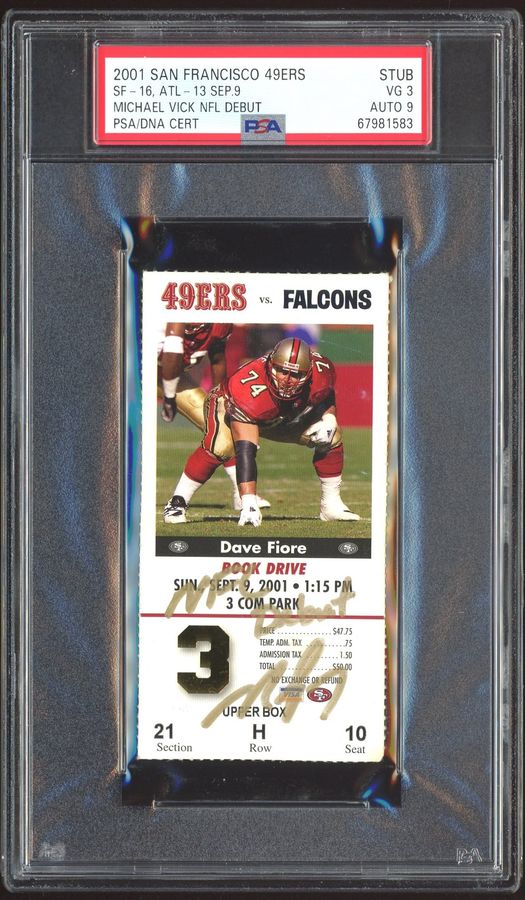 2001 Michael Vick NFL Debut Signed Ticket PSA 3 – Auto 9 – Falcons vs. 49ers (Highest Graded of Two PSA Graded)