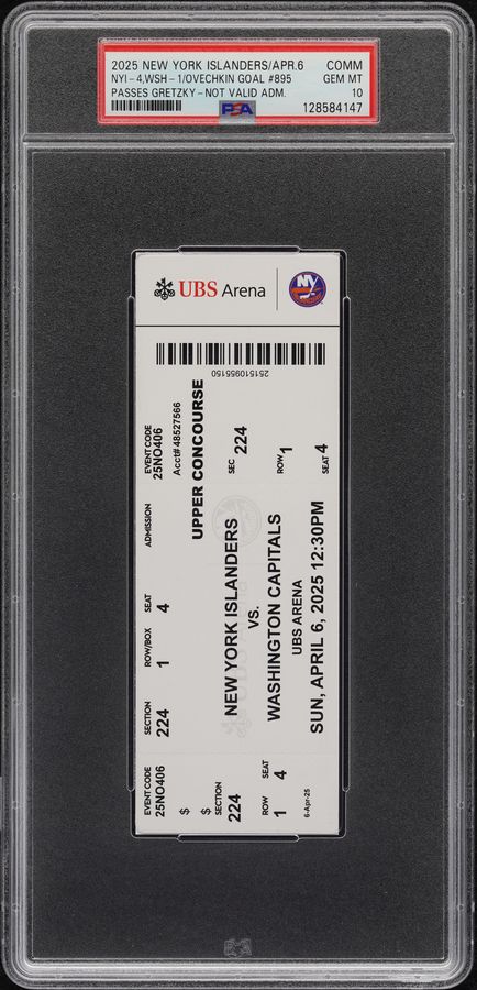 2025 Alex Ovechkin Record 895th Goal Passes Gretzky Commemorative Ticket PSA 10