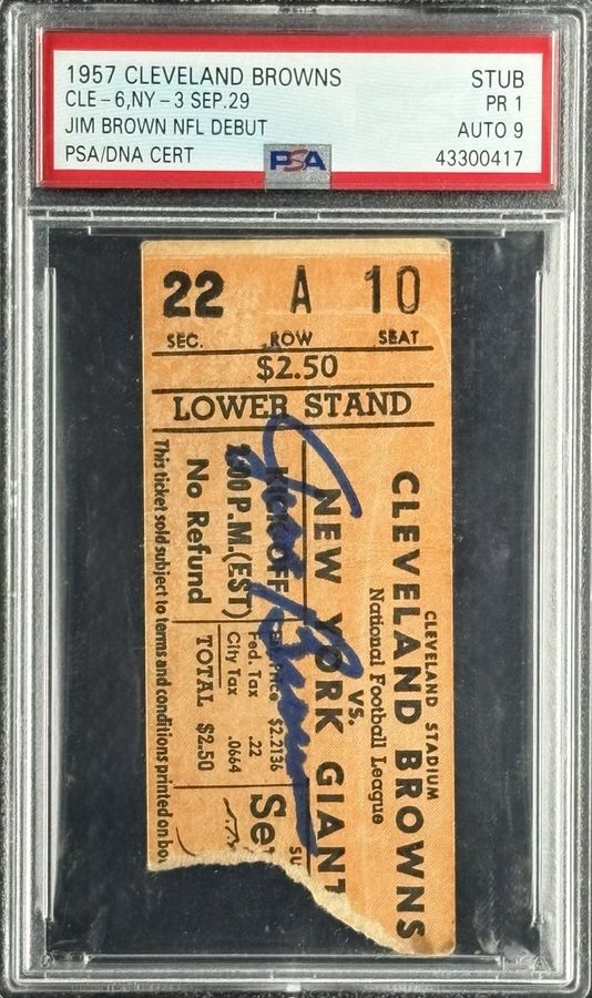 Jim Brown signed NFL debut ticket stub, PSA 1 with PSA/DNA auto 9, sold for $32,520