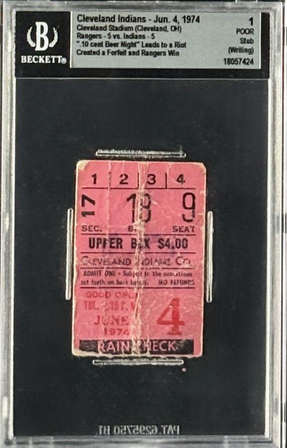 1974 Cleveland Indians 10-Cent Beer Night ticket, Beckett 1, sold for $19,500
