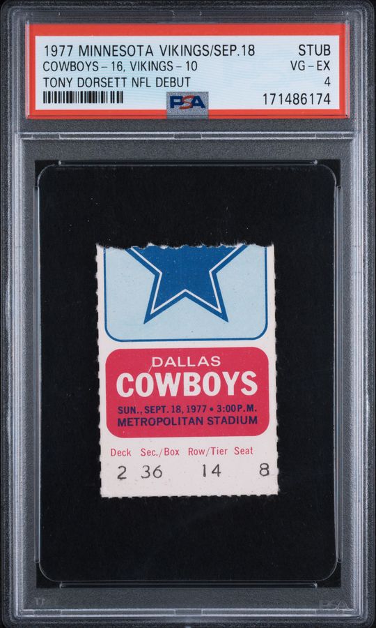 Tony Dorsett NFL Debut – PSA 4– Pop One, None Higher! RARE Only Two PSA Graded Examples! 1977 Cowboys vs. Vikings