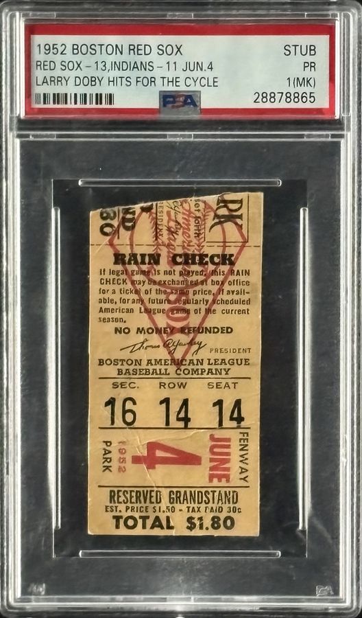 1952 Boston Red Sox Ticket– Larry Doby Hits for the Cycle – PSA 1 (MK) (Only PSA Graded Example)