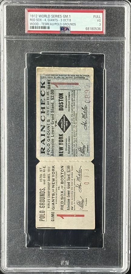 1912 World Series Game 1 Full Ticket – Red Sox 4, Giants 3 – Smoky Joe Wood 11 K’s – PSA VG 3 – Pop 1, One Higher