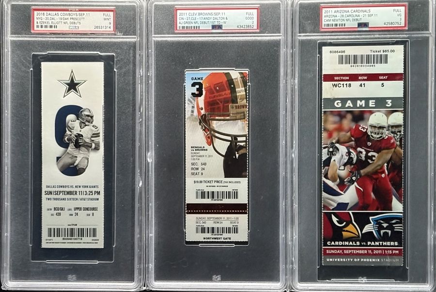 Nine (9) PSA-Graded NFL Rookie Debut Ticket Dealer's Lot – Michael Strahan, Russell Wilson, Cam Newton, Dak Prescott, Ezekiel Elliott, Odell Beckham Jr., Andrew Luck,