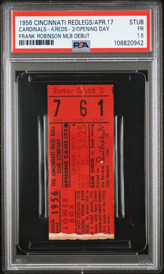 Frank Robinson MLB Debut Ticket Stub 1956 Opening Day Cincinnati Redlegs vs. St. Louis Cardinals April 17, 1956 - One of Only Six Graded Examples