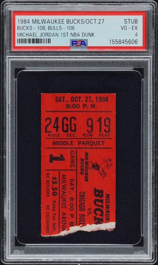 1984 Michael Jordan first NBA dunk ticket stub, second NBA game, PSA 4, sold for $12,812