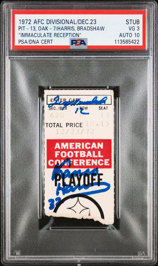 Bradshaw & Harris, Dual-Signed "Immaculate Reception" PSA 10! - 1972 AFC Divisional Playoff Ticket Stub