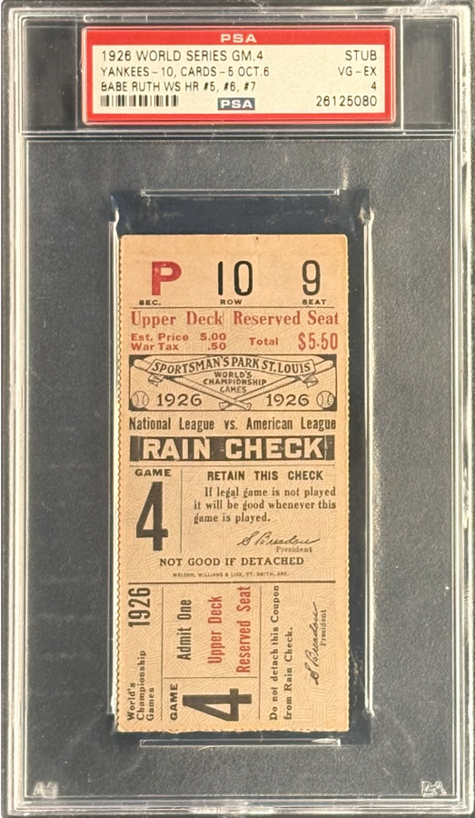1926 World Series GM 4 Ticket– Babe Ruth HR #5, #6 & #7 – PSA 4 VG-EX (Pop Four, Only Four Graded Higher)