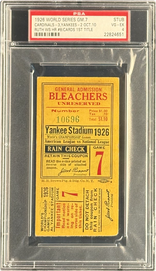 1926 World Series GM 7 Ticket– Babe Ruth World Series HR #8 + Cardinals' First Championship, PSA 4 VG-EX, High Grade!