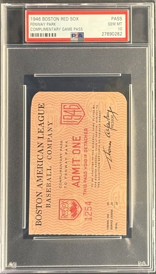 1946 Boston Red Sox Fenway Park Complimentary Game Pass – Any Regular Season Game – Ted Williams "Red Seat" Season – PSA Gem Mint 10