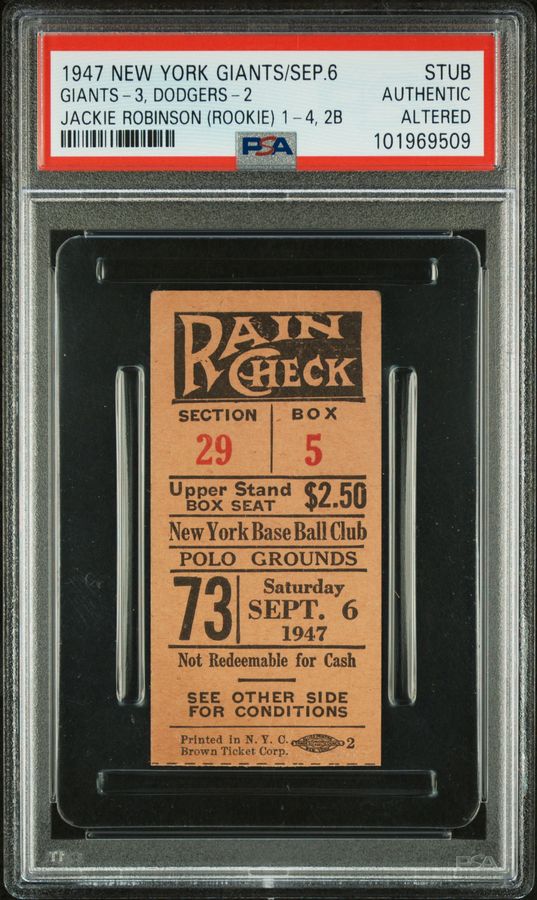Jackie Robinson Rookie Season Ticket Stub - September 6, 1947 - Giants vs. Dodgers Stub– PSA Authentic (Altered)