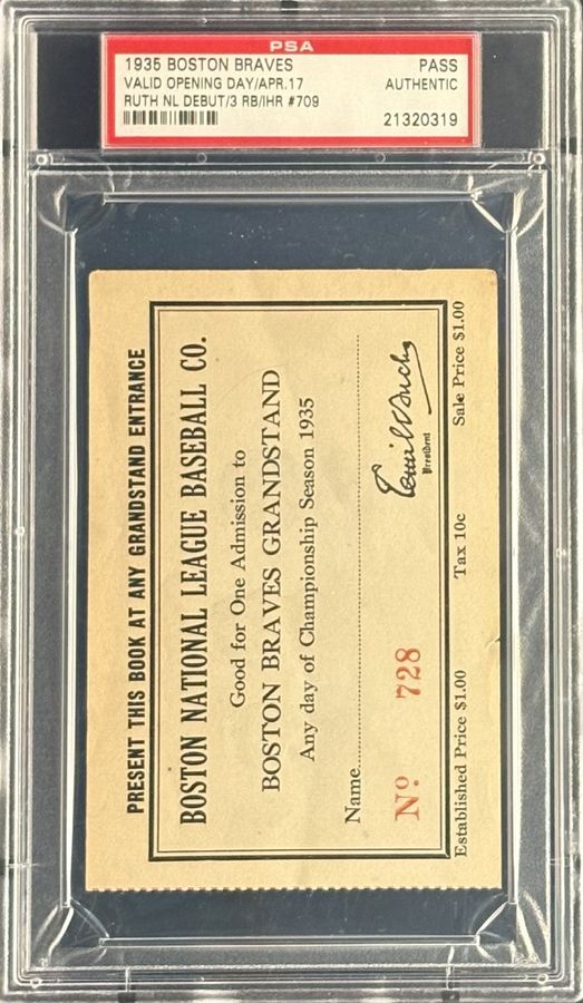1935 Boston Braves Season Pass – Ruth Nat'l League Debut & Final Opening Day – PSA Authentic