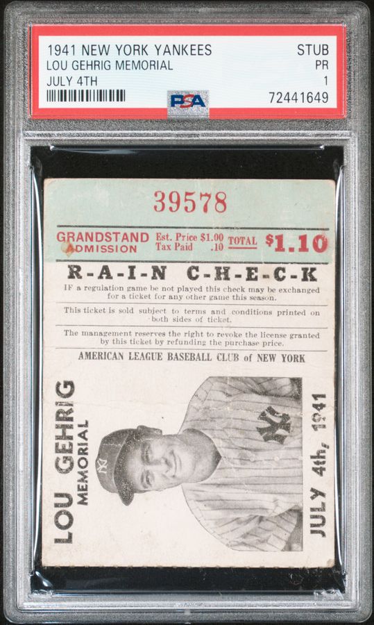 1941 Lou Gehrig Memorial Day Ticket Stub – July 4, 1941 "Luckiest Man" Tribute – PSA 1 PR