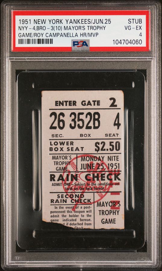 1951 Mayor's Trophy Game Ticket Stub – Roy Campanella Home Run – 1951 NL MVP Season – PSA 4 VG-EX - Highest Graded of Three Examples