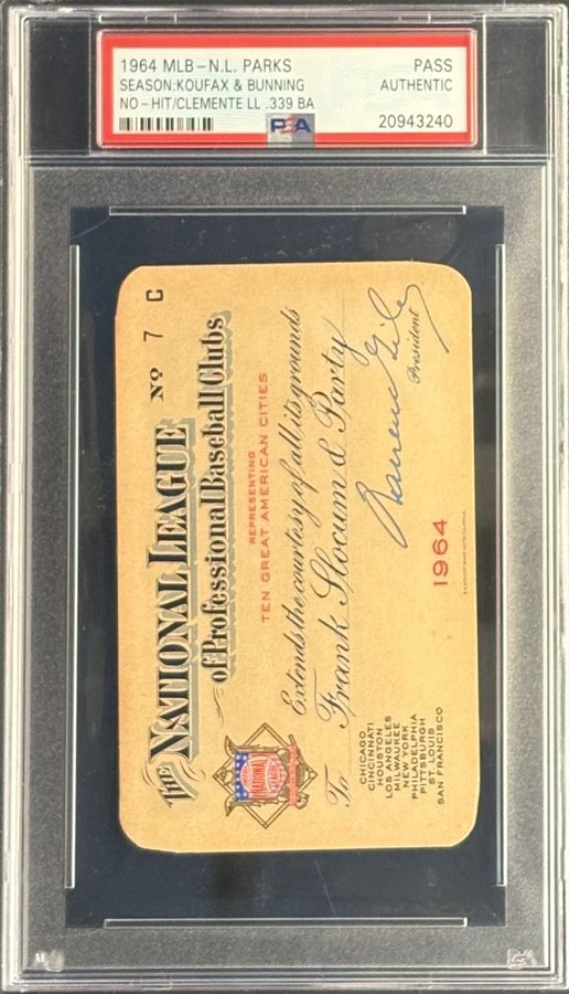 1964 National League Parks Season Pass /Ticket – Koufax No-Hitter & Bunning Perfect Game Season – PSA Authentic