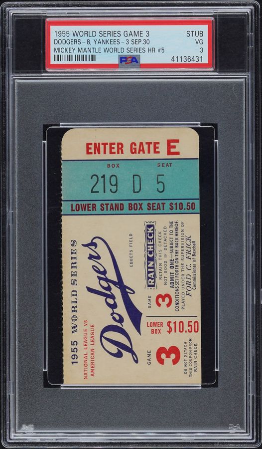 1955 World Series Game 3 Ticket- Mantle's 5th Home Run - New York Yankees v. Brooklyn Dodgers, PSA VG 3