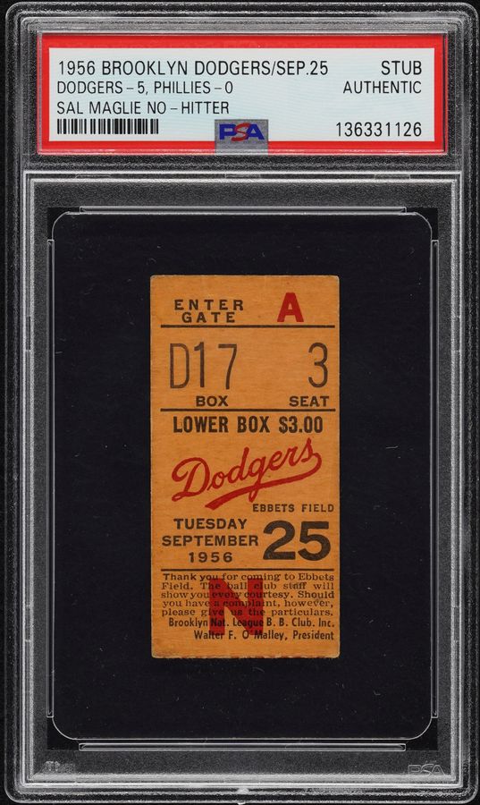 1956 Brooklyn Dodgers Ticket Stub – Sal Maglie No-Hitter – RARE!!! PSA Authentic