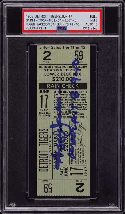 1967 Reggie Jackson Signed FULL Ticket – Career Hits #8–10 – Early Jackson Ticket - PSA NM 7 / Auto 10 (ONLY GRADED EXAMPLE)