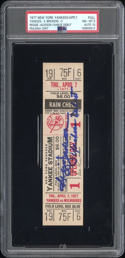 1977 Reggie Jackson Signed New York Yankees Debut Full Ticket - VERY RARE – PSA Auto GEM MINT 10 (Highest Graded of Three Examples)