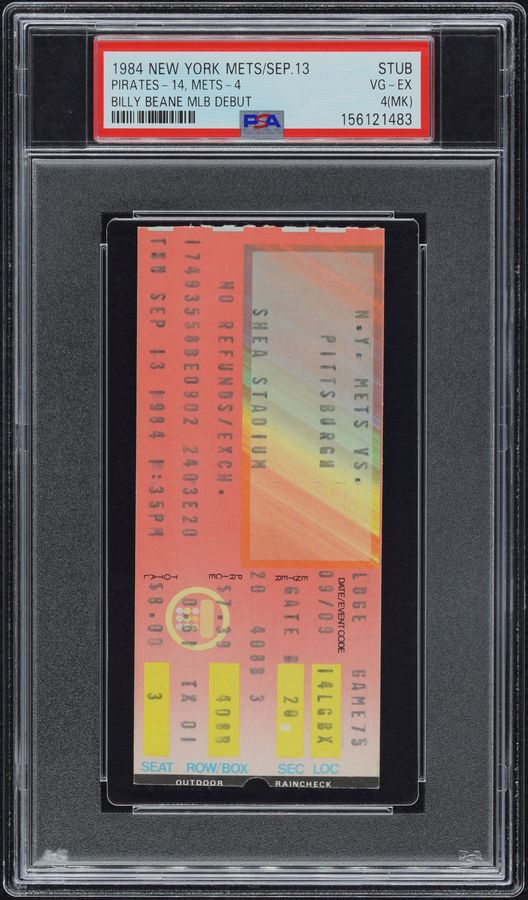 Billy Beane MLB Debut (Moneyball) 1984 New York Mets Ticket Stub – September 13, 1984 – PSA VG-EX 4 (MK) (Highest Graded, Total Pop Two)