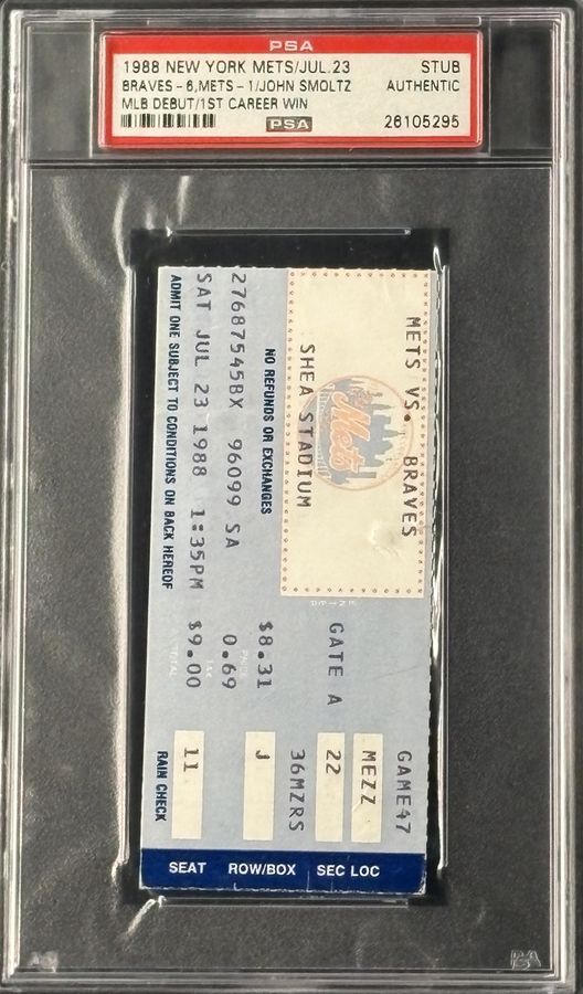 1988 John Smoltz MLB Debut & First MLB Win Ticket Stub – Atlanta Braves - Hall of Fame - PSA Authentic