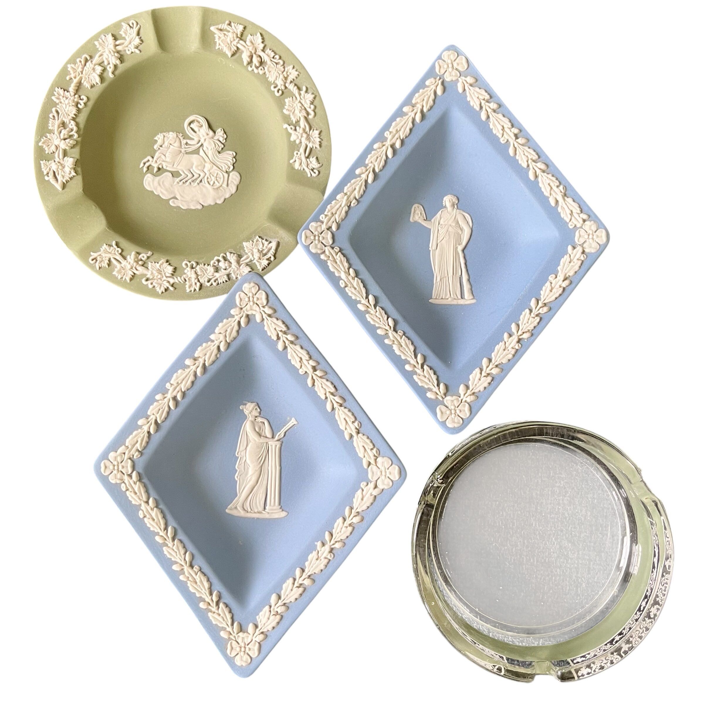 Wedgwood Jasperware Blue Classical Tidbit Trays Green Ashtray