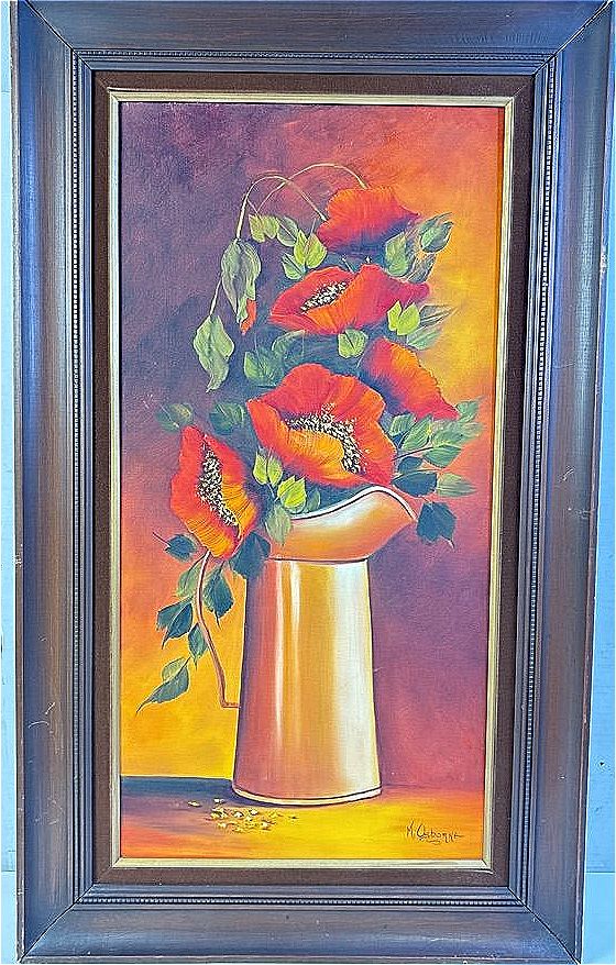 Signed and Framed Painting: “Red Poppy Flowers in Handled Pitcher
