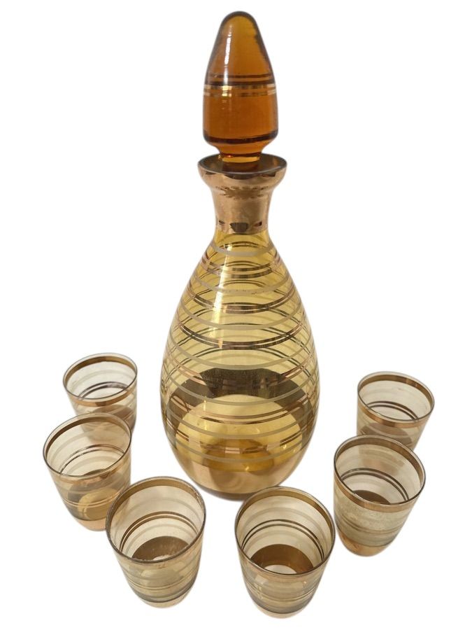 Vintage MCM Striped Bohemian Amber Glass Decanter & Matching Shot