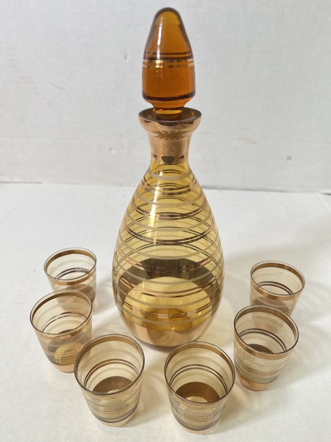 Vintage MCM Striped Bohemian Amber Glass Decanter & Matching Shot